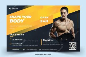 Landscape fitness gym banner template with modern concept dark yellow color vector template