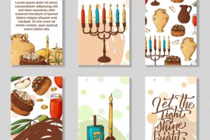 Lettering cards with sketch elements happy hanukkah poster hand drawn vector illustration