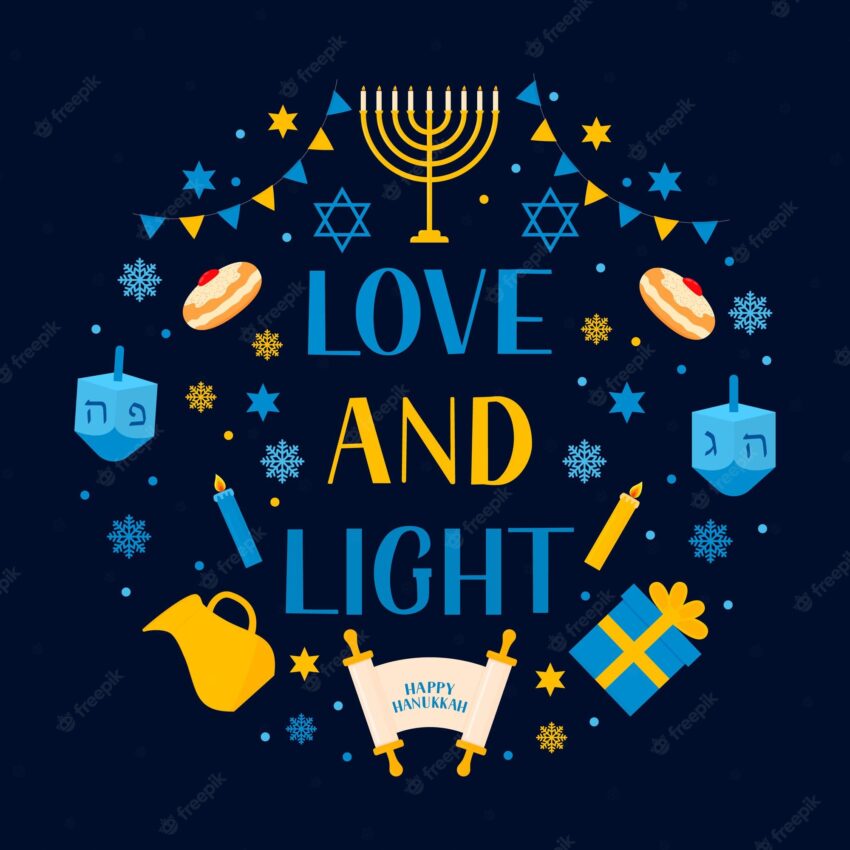 Love and light lettering with traditional jewish symbols dreidel menorah candle jar etc hanukkah typography poster vector template for greeting card banner invitation flyer etc