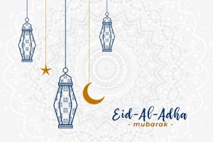 Lovely islamic eid al adha greeting with hanging lamps
