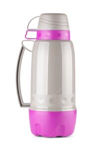 Magenta and grey plastic thermos flask with cups on top on a white background