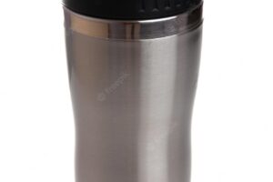 Metal glass for coffee made of brushed steel with a plastic black lid on a white isolated background