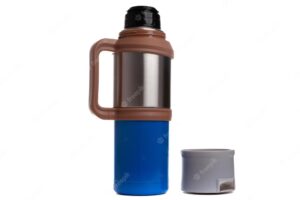 Metal thermos with a blue plastic insert brown handle on a white background