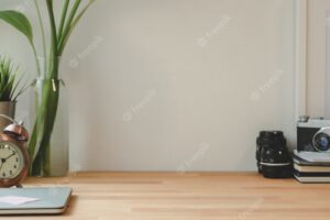 Minimal photographer workplace with laptop and copy space