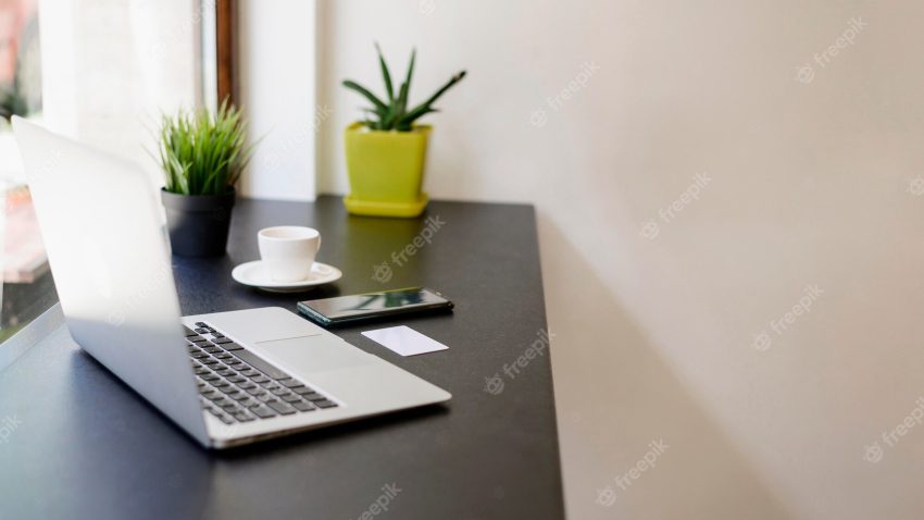 Minimalistic workplace with laptop and plants