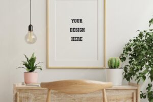 Mockup frame on wooden table in living with plants