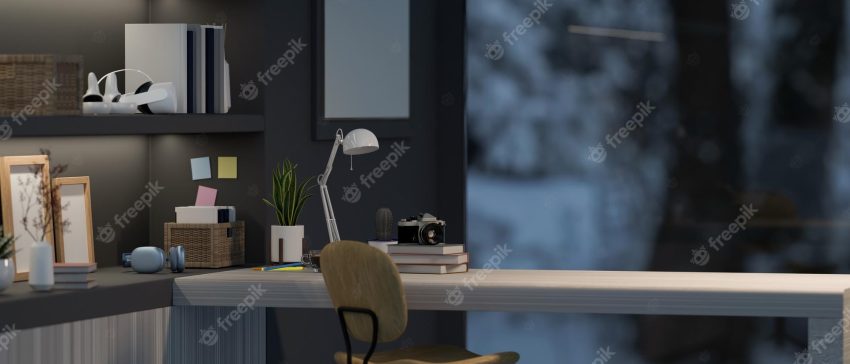 Modern home office room interior design with copy space on the table under the low light