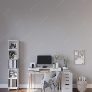 Modern study room wall mockup, table, chair, library in study room, 3d render