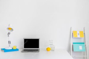 Modern style workplace in white color with blue and yellow details