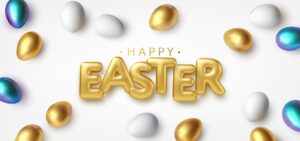 Modern trendy golden metallic shiny typography happy easter on a background of easter eggs. 3d realistic lettering for the design of flyers, leaflets, posters and cards vector illustration eps10