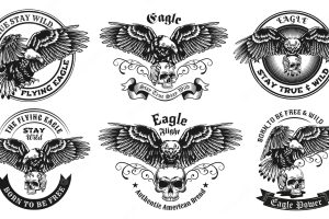 Monochrome labels with eagle and skull illustration set
