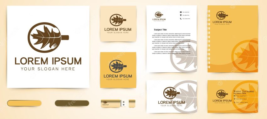 Mug, leaf, spoon and fork logo and business card branding template designs inspiration, vector illustration