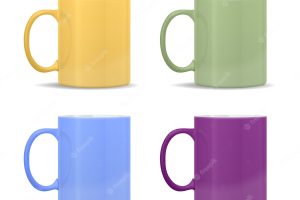Mugs of different colors: yellow, green, blue, purple