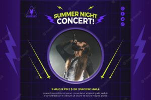 Neon square flyer template for summer night concert
