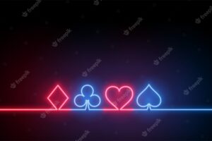 Neon symbols of casino playing cards background