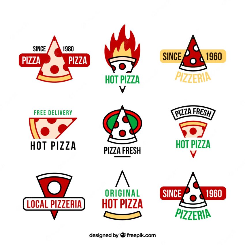 Nine logos for pizza on a white background