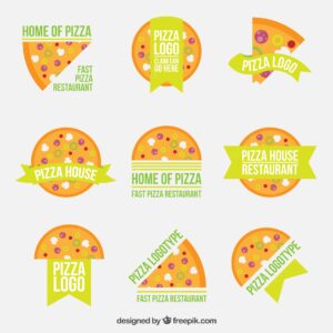 Nine logos for pizza on a white background