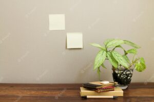 Office composition with potted plant