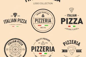 Pack of hand-drawn pizza logos in vintage style