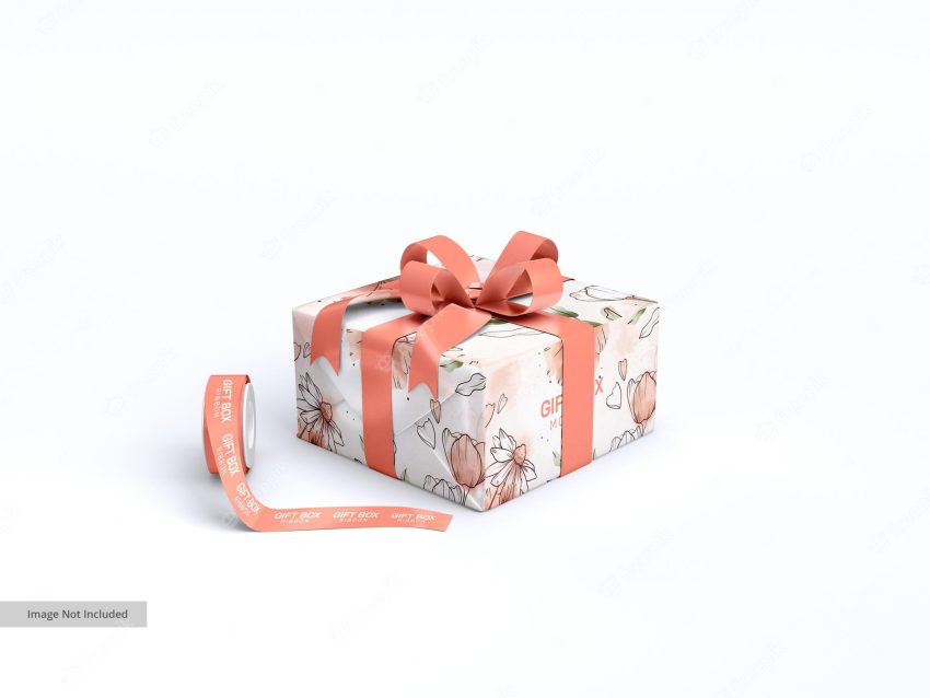 Paper gift box with ribbon mockup