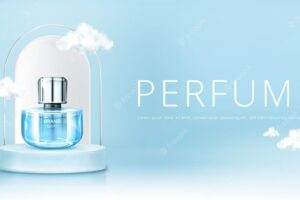Perfume spray bottle on podium with clouds in sky mock up banner. glass flask mockup on blue heaven background. scent fragrance cosmetic product promotion advertising, realistic 3d vector illustration