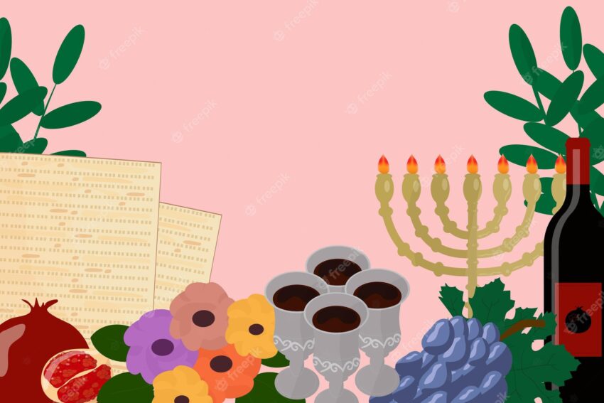 Pesach template for your design with matzah and spring flowers jewish holiday background