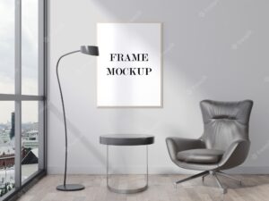Photo frame mockup in modern interior with panoramic window