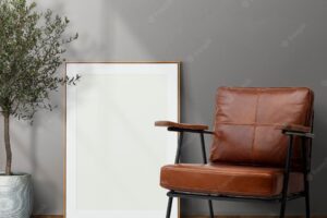 Picture frame mockup psd leaning in modern living room home decor interior
