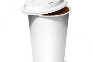 Plastic cup of coffee with an open lid in shadows