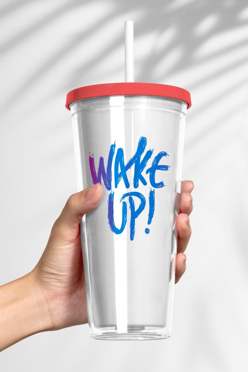 Plastic tumbler product mockup with wake up quote