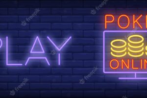 Play poker online in neon style. text, screen and chips on brick wall background