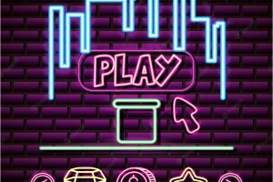 Play and skyline in neon style, video games related