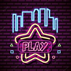 Play star with buildings, brick wall, neon style