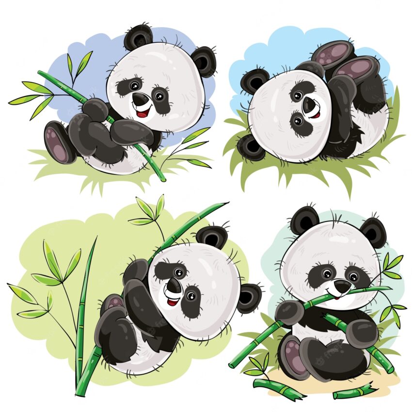 Playful panda bear baby with bamboo cartoon vector