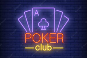 Poker card lettering with playing cards. neon icon on brick background.