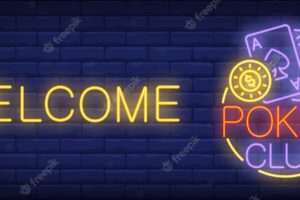 Poker club neon sign. cards, poker chips and welcome inscription on brick wall background