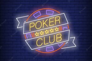 Poker club neon text on ribbon with chip and five stars
