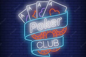 Poker club neon text on ribbon with playing cards and chips