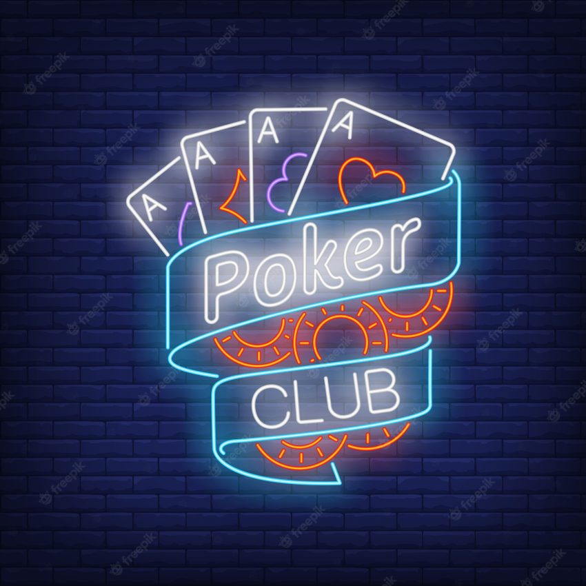 Poker club neon text on ribbon with playing cards and chips