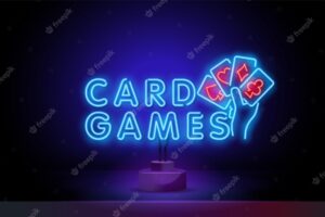 Poker neon sign hand holding playing cards casino poker texas holdem night logo bright neon signboar...