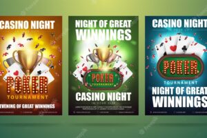 Poker tournament set of invitation posters with casino elements posters with poker table with cards chips and champion cups