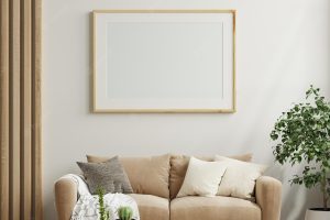 Poster frame mockup in scandinavian style living room interior