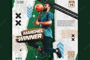 Professional basketball player flyer social media post template green white background premium psd