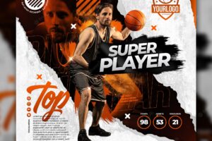 Professional basketball player flyer social media post template orange background