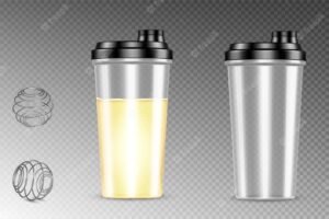 Protein shaker with blender ball, full and empty cups for sports nutrition and gainer drinks. plastic bottles with metal spring spheres, mixer for gym fitness, bodybuilding, realistic 3d vector mockup