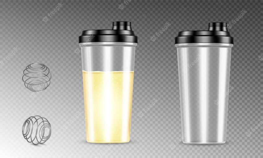 Protein shaker with blender ball, full and empty cups for sports nutrition and gainer drinks. plastic bottles with metal spring spheres, mixer for gym fitness, bodybuilding, realistic 3d vector mockup