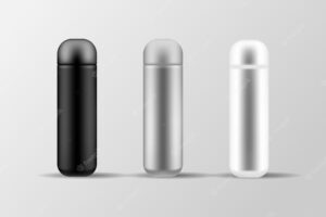 Realistic 3d black white and silver empty glossy metal vacuum thermo tumbler flask icon set closeup design template of packaging mockup for graphics