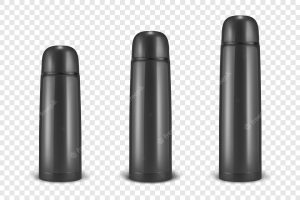 Realistic 3d small medium large  black empty glossy metal or plastic vacuum thermo tumbler flask