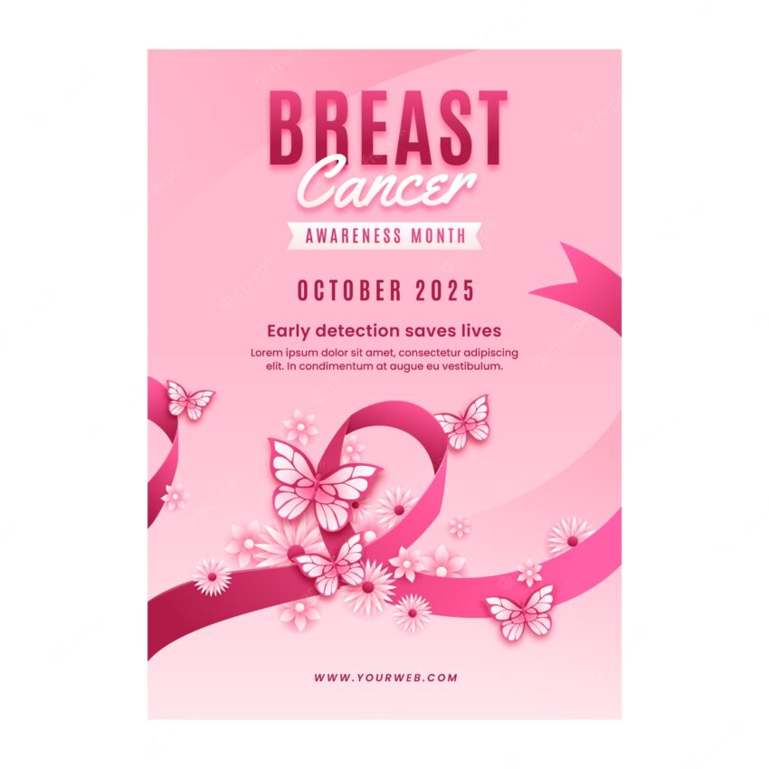Realistic breast cancer awareness month vertical flyer template
