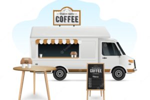 Realistic coffee shop food truck template with table and menu board vector illustration